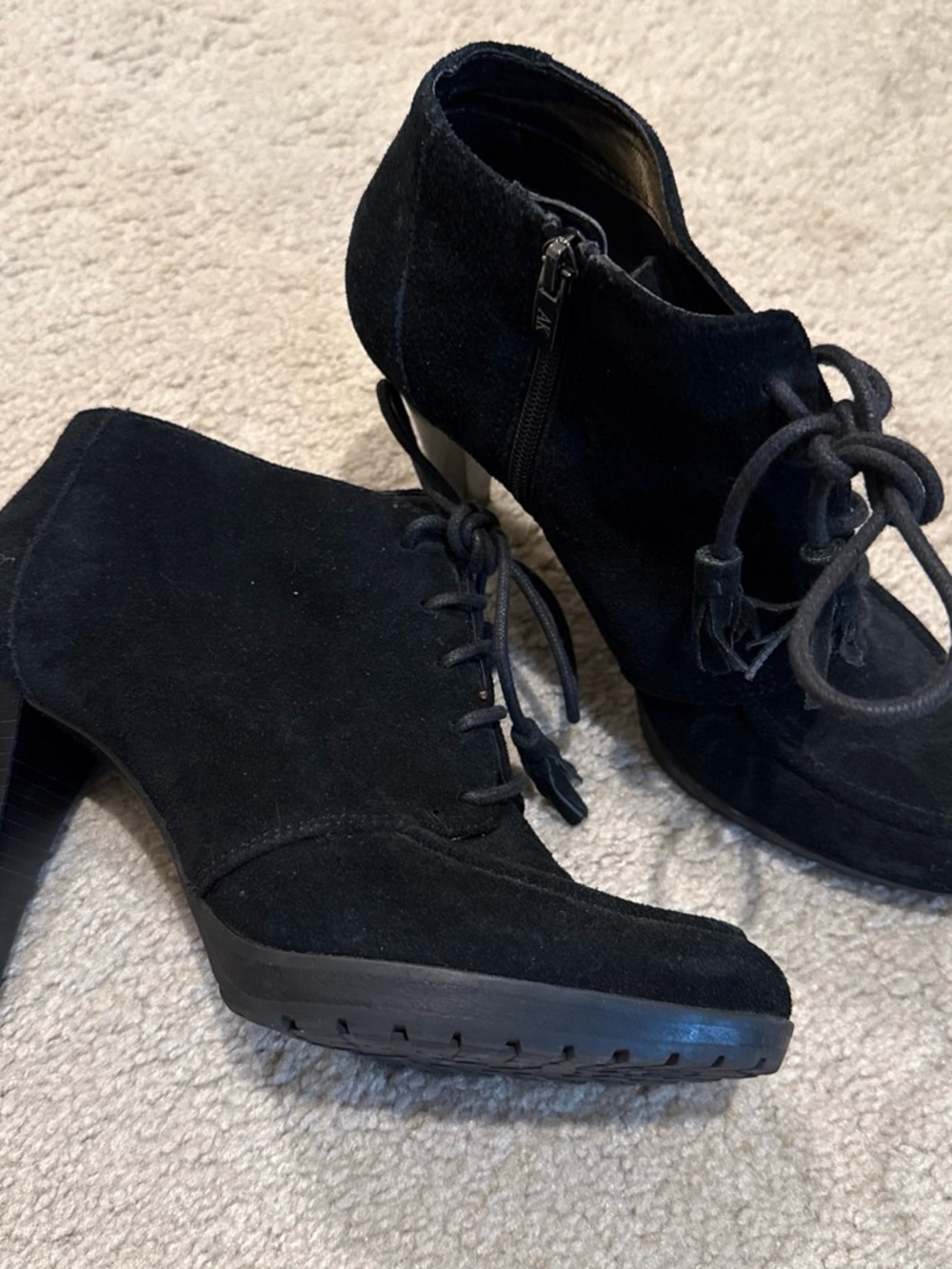 Anne Klein Black Suede Lace-Up Heeled Ankle Boots